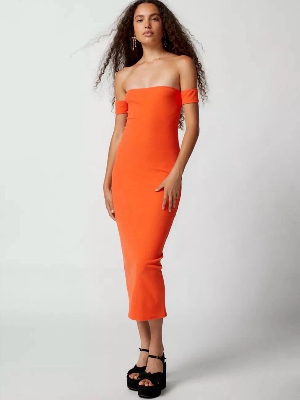 Urban Outfitters Spencer Off-The-Shoulder Knit Midi Dress, Orange Size: L